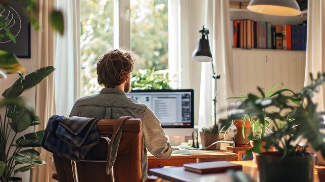 mann in heimarbeit im eigenen b&uuml;ro zuhause vor dem monitor