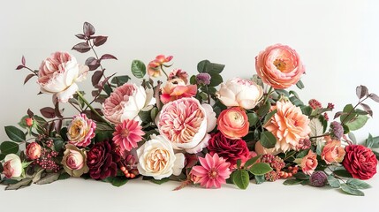 A top view and close shot of English rose composition with a festive flower arrangement on a studio white surface with a big space for text or product advertisement, Generative AI.