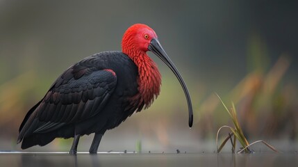 Naklejka premium Elegant scarlet faced ibis bird portrait in golden hour serenity of a tranquil marshland