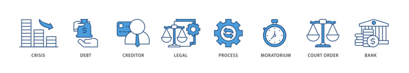 Bankruptcy icons set collection illustration of bank ,court order, legal, moratorium, process, creditor, debt, crisis icon live stroke and easy to edit 
