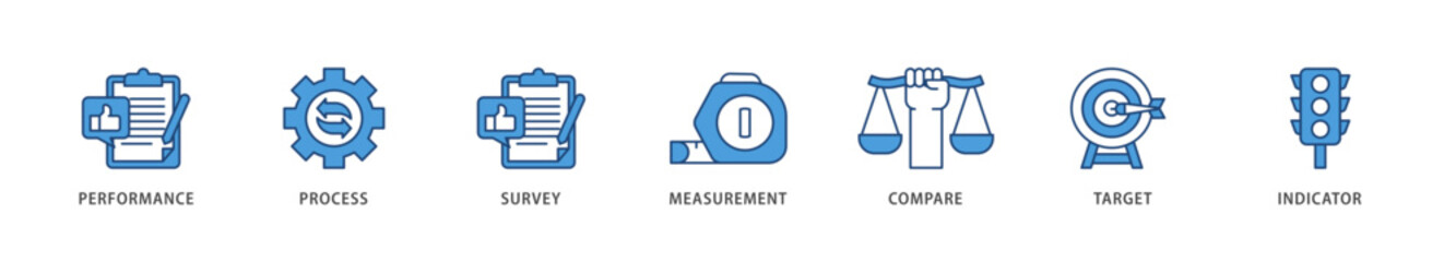 Benchmarking icons set collection illustration of performance, process, survey, measurement, compare, target, and indicator icon live stroke and easy to edit 