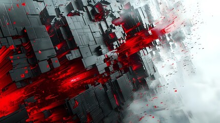 Digital Suspense: Abstract Artwork with Dark Grays and Vibrant Red Accents - obrazy, fototapety, plakaty
