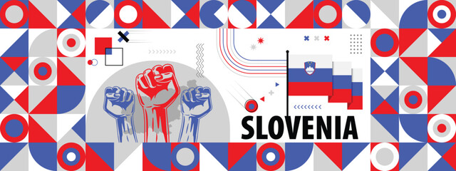 Obraz premium Flag and map of Slovenia with raised fists. National day or Independence day design for Counrty celebration. Modern retro design with abstract icons. Vector illustration.
