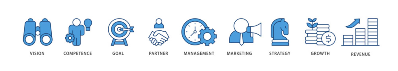 Obraz premium Business model icons set collection illustration of vision, competence, partner, management, marketing, strategy, growth and revenue icon live stroke and easy to edit 