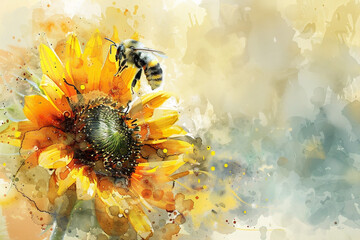 Generative AI illustration of a bee on sunflower in aquarelle style.