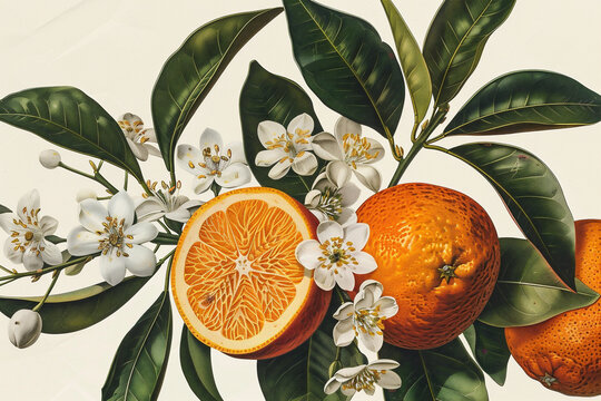 Vintage botanical illustration of a orange branch in watercolor style. Generative AI. Isolated orange tree branch on a vintage paper background. Copy space.