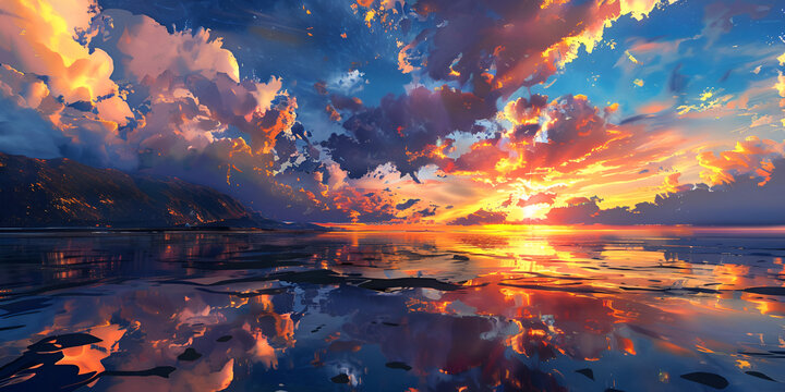 painting of a sunset over a river with a cloudy sky Sunset background on the sea wallpapers 