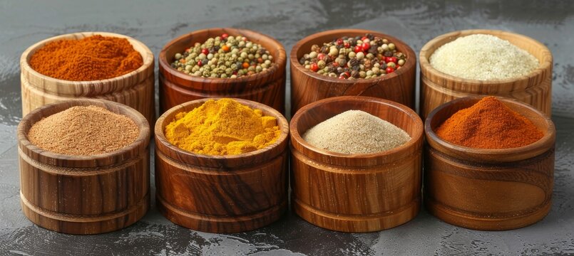 Premium gourmet spices and seasonings array presented in elegant wooden bowls on dark background