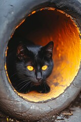 Black cat with yellow eyes in futuristic tunnel, copy space available on blurred background
