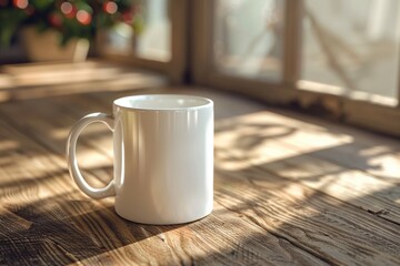 Fototapeta premium White Blank Mug Mockup in Photographic Scene created with Generative AI