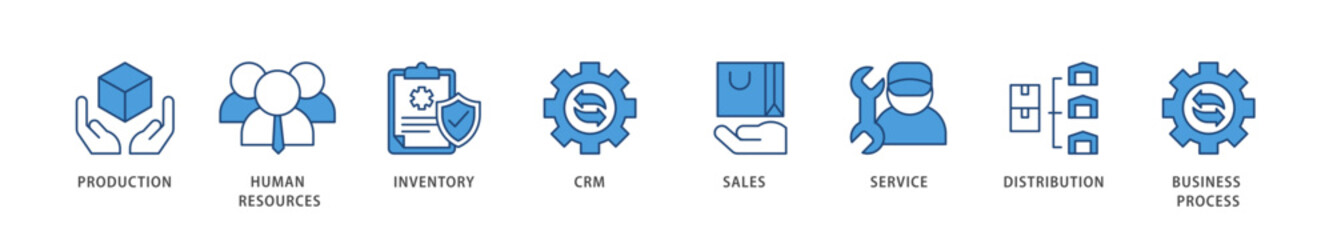 Enterprise resource planning icons set collection illustration of production, human resources, inventory, crm, sales, service icon live stroke and easy to edit 