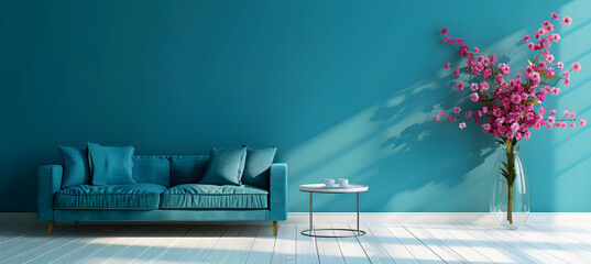 interior design of living room with blue sofa and blue wall 
