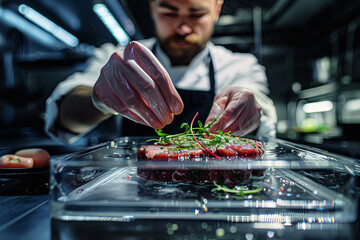 Chef preparing a gourmet dish with in vitro meat: culinary art meets innovation
