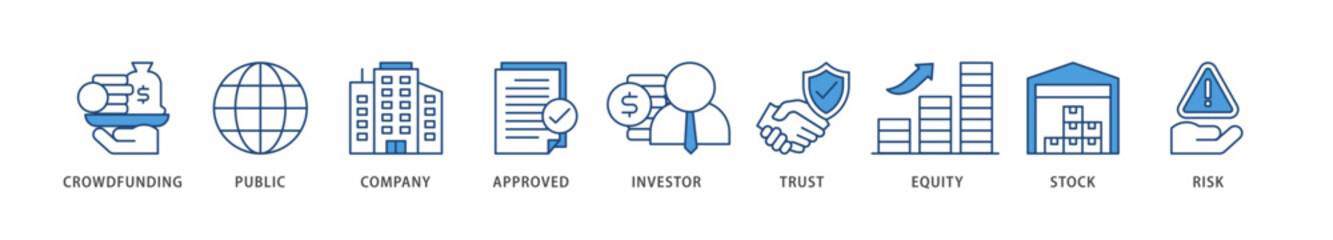 Ipo icons set collection illustration of crowdfunding, public company, approved, investor, trust, equity, stock and risk icon live stroke and easy to edit 