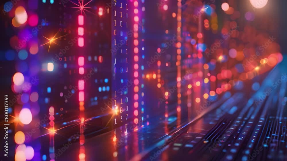 Poster digital data stream on a circuit board with glowing binary code