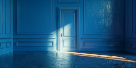 3D render of light coming through opened blue door - Powered by Adobe