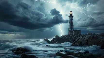 A lighthouse in thunder storm with lightning bolt strike and cloud. - Powered by Adobe