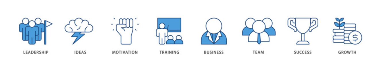 Learn and lead icons set collection illustration of leadership, ideas, motivation, training, business, team, success, and growth icon live stroke and easy to edit 