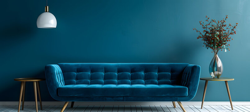 interior design of living room with blue sofa and blue wall 