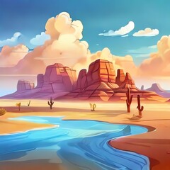 Generative AI. Background Desert With Clouds And Hot Atmosphere In Cartoon Style
