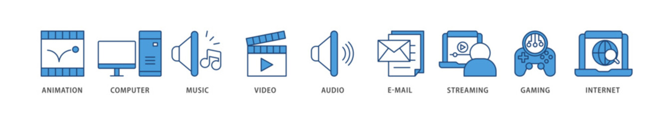 Multimedia icons set collection illustration of e mail, video, audio, internet, streaming, gaming, music, computer, animation icon live stroke and easy to edit 