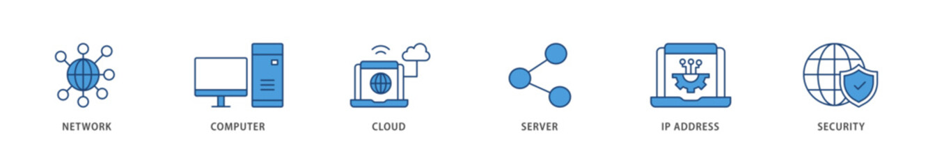Network technology icons set collection illustration of network, computer, cloud, server, ip address and security icon live stroke and easy to edit 