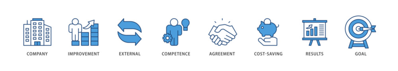 Outsourcing icons set collection illustration of company, improvement, external, competence, agreement, cost saving, and recruitment icon live stroke and easy to edit 