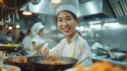 Happy asian female chef has fun while preparing food in frying pan at restaurant kitchen.