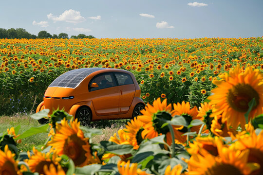 An electric vehicle equipped with solar panels, parked amidst a field of vibrant sunflowers, representing the integration of renewable energy and sustainable transportation