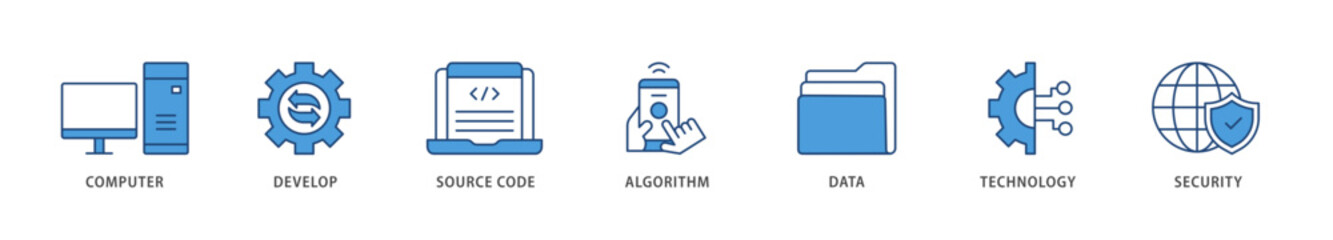 Programming icons set collection illustration of computer, develop, source code, algorithm, data, technology and security icon live stroke and easy to edit 