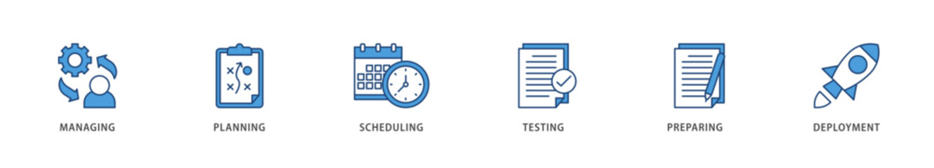 Release management icons set collection illustration of managing, planning, scheduling, building, testing, preparing and deployment icon live stroke and easy to edit 