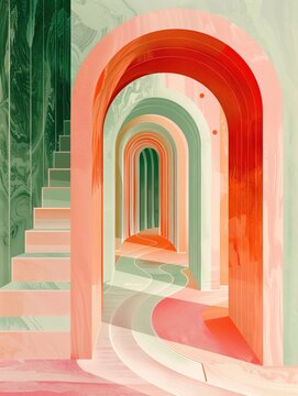 The image is a surreal depiction of a hallway with multiple archways. The pastel colors and soft lighting create a dreamlike atmosphere.