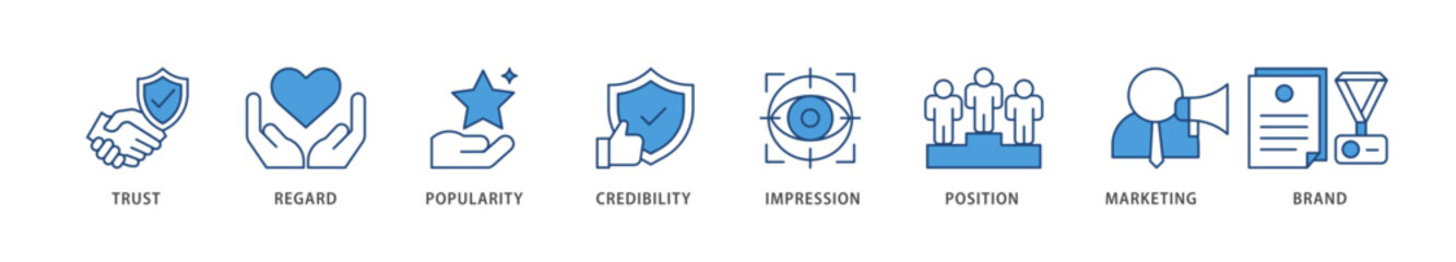 Reputation management icons set collection illustration of brand, marketing, credibility, position, impression, popularity, regard, trust icon live stroke and easy to edit 