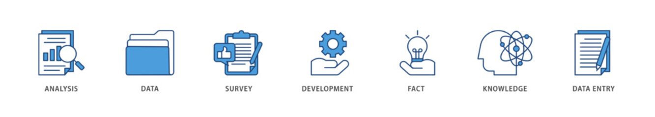 Research icons set collection illustration of analysis, data, survey, development, fact, knowledge and data entry icon live stroke and easy to edit 