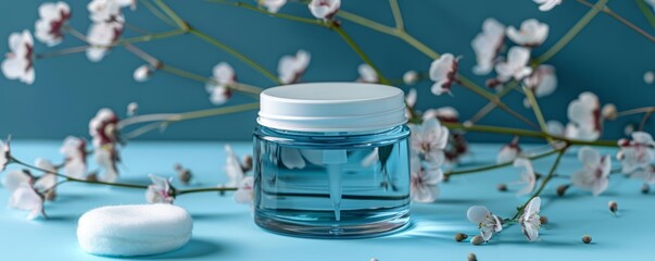 cosmetic products in a glass jar with a lid and white cotton pad