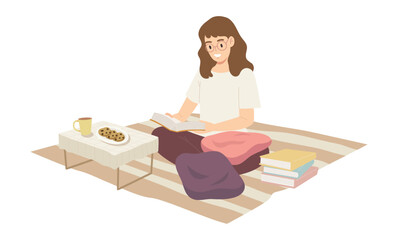 Young woman enjoy reading as leisure isolated on white background. Concept of reading, book lover, bookworm, studying, hobby, free time, lifestyle. Flat vector illustration character.