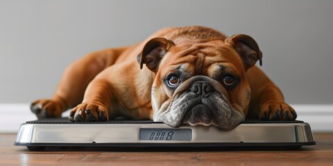 A sweet, overweight dog with an agitated gaze stands over a scale over a wooden floor over a white backdrop to assess its weight and space, Generative AI.