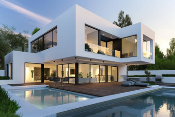 Modern house with pool and garden, simple design of twostory white modern home with black accents