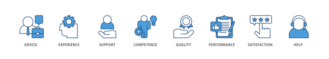 Service icons set collection illustration of advice, experience, support, competence, quality, performance, satisfaction, help, and call center icon live stroke and easy to edit 