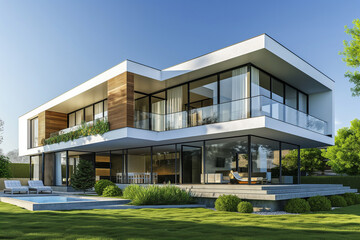 Fototapeta na wymiar Modern house with pool and garden, simple design of twostory white modern home with black accents