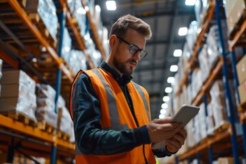 warehouse worker checks stock and inventory with laptop and looking at camera with smile in factory warehouse. Logistic industry busines concept engineer use latop check inventory warehouse