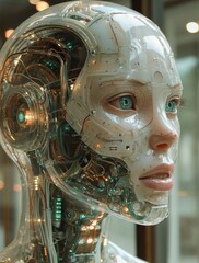stunning future technology human combine engine robot ai realistic skin surface cover robotic human closeup face - obrazy, fototapety, plakaty