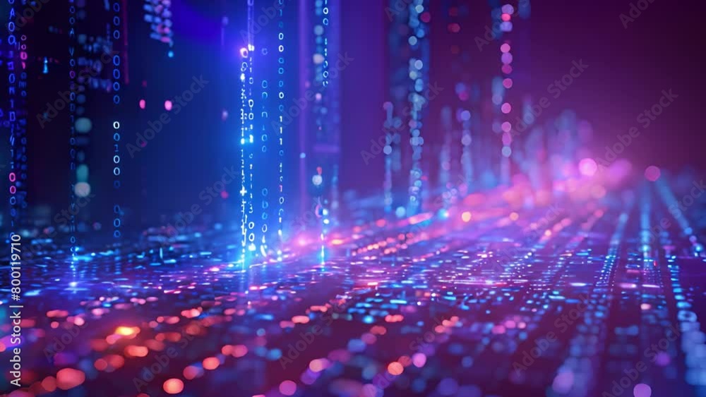 Poster digital data stream flow in virtual space with binary code and fiber optics