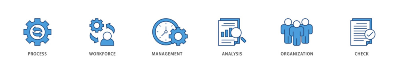 Total quality management icons set collection illustration of process, workforce, management, analysis, organization and check icon live stroke and easy to edit 