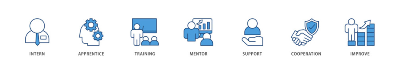 Trainee icons set collection illustration of intern, apprentice, training, mentor, support, cooperation and improve icon live stroke and easy to edit 