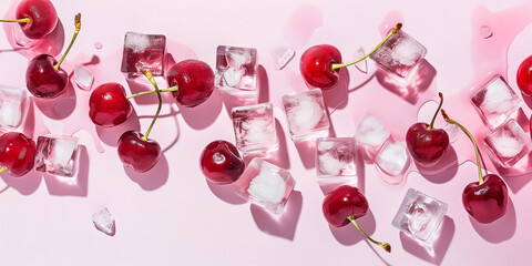 Fresh cherries and raspberries with ice cubes on blue background. Top view shot. Frozen fruits advertising concept. 