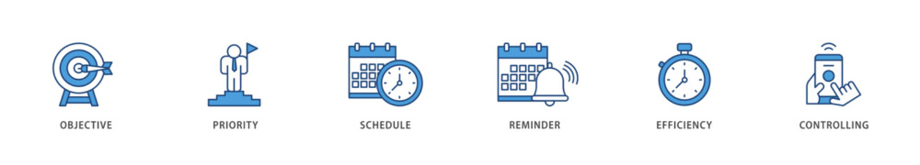 Time management icons set collection illustration of objective, priority, schedule, reminder, efficiency, alerts, and controlling icon live stroke and easy to edit 