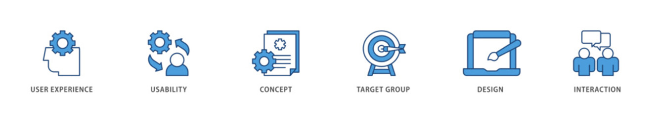 User interface design icons set collection illustration of target group, interaction, design, concept, usability, user experience icon live stroke and easy to edit 
