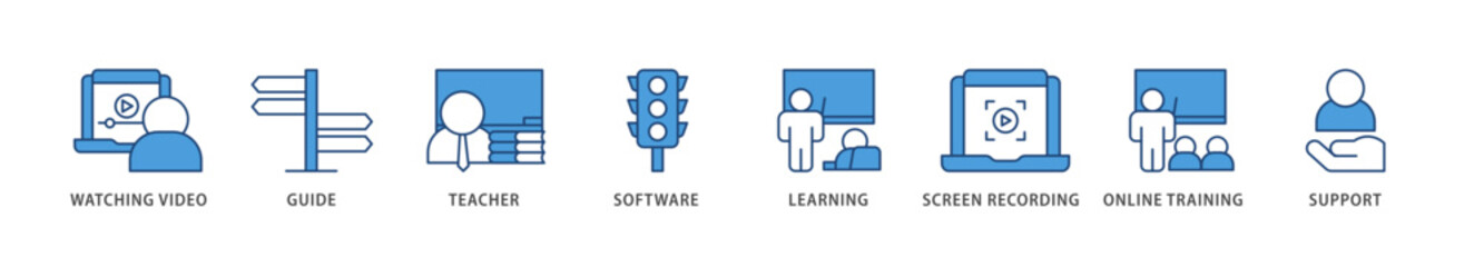 Video tutorial icons set collection illustration of watching video, guide, teacher, software, learning, screen  recording, online training, support icon live stroke and easy to edit 