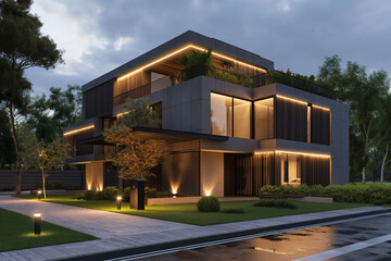 Modern house with wooden cladding and concrete walls, illuminated at night by lights, set against the backdrop of green trees and grass in front of it